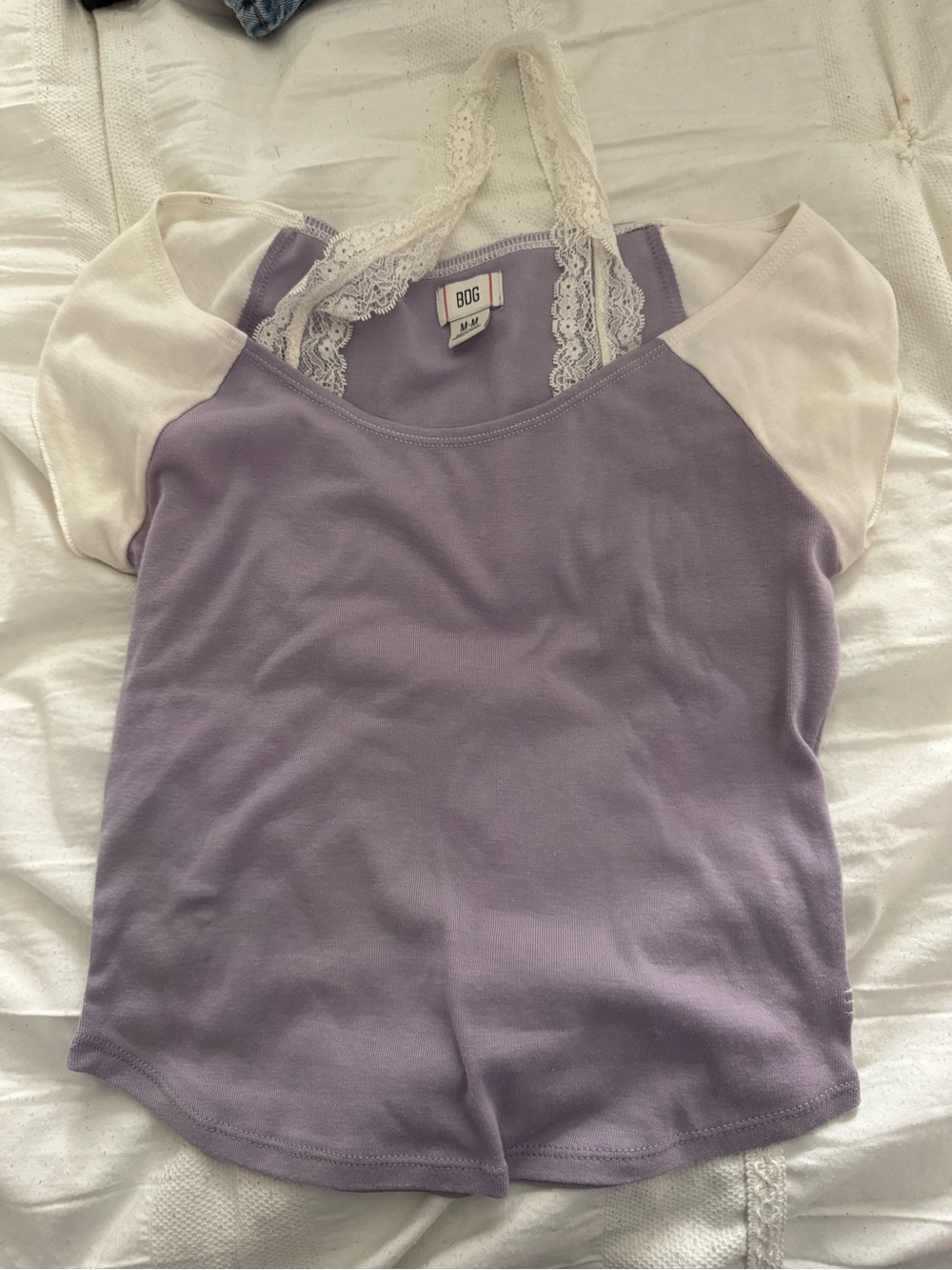 BDG Lavender and White Lace-Strap Short Sleeve Top